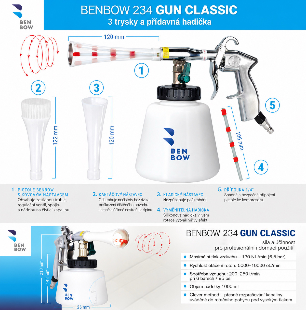 BenBow Cleaning Gun Classic 234 - čistící pistol se třemi nástavci a náhradní hadičkou (tornádor)