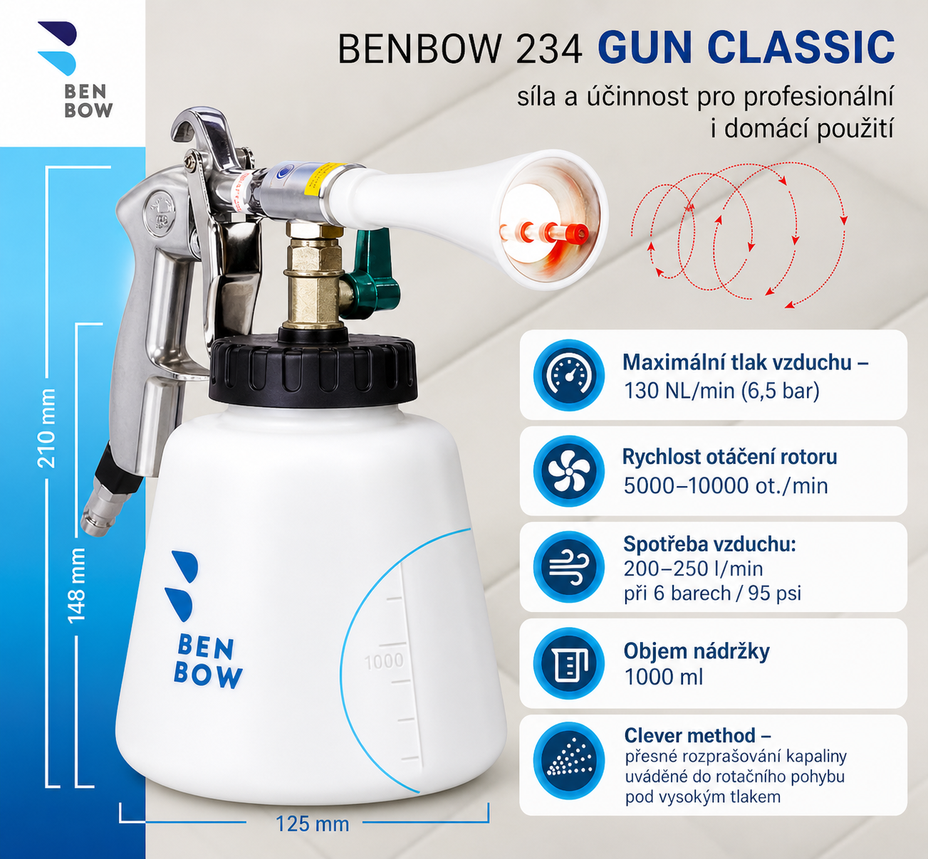 BenBow Cleaning Gun Classic 234 - čistící pistol se třemi nástavci a náhradní hadičkou (tornádor)